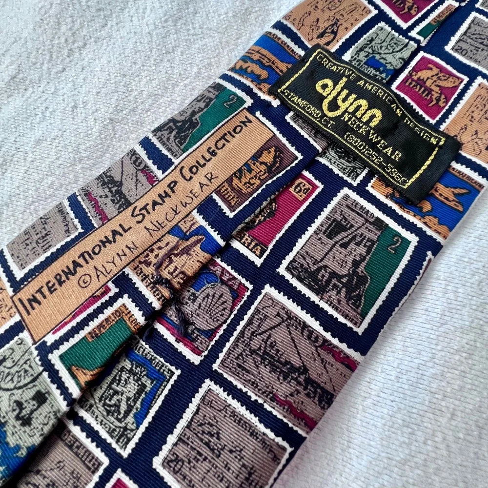 Alynn Mens Silk Tie International Stamp Collection Navy Blue Vintage Postage USA